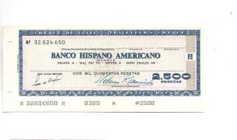 Vanha espanjalainen matkasekki /  Banco Hispano Americano -2 500 pesetaa.Käyttötarkoitus: Se on ollut käytössä matkustajien maksuvälineenä - shekki ei reaaliarvoa
