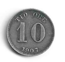 Ruotsi 10 Öre 1907 hopeaa kolikko