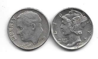 USA 1 Dime 1942  ja 1953  - ulkomainen kolikko hopeaa yht 2 kpl
