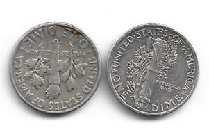 USA 1 Dime 1942  ja 1953  - ulkomainen kolikko hopeaa yht 2 kpl