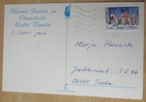 Postikortti - Joulukortti : Marjaliisa Pitkäranta - Tyttö ja punatulkku : Kulkenut Postileima 1975 ja Postimerkki 1975