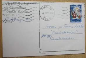 Postikortti - Joulukortti : Marjaliisa Pitkäranta - Perhe Hevosajelulla : Kulkenut Postileima 1975 ja Postimerkki 1975