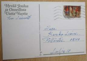 Postikortti - Joulukortti : Marjaliisa Pitkäranta - Lapset ja lumi-ukko : Kulkenut Postileima 1973 ja Postimerkki 1973