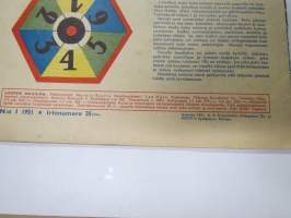 Lasten Maailma 1951 nr 1, tehtäviä, tarinoita, sarjakuvia, päätoimittaja Markus Rautio, kuvituksia mm. Maija Karma, Tekstejä Aila Nissinen, Walt Disney...