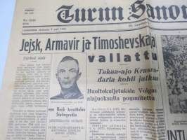 Turun Sanomat 8.8.1942, Timoshenkon joukot kärsineet raskaan tappion, Von Bock tavoittelee Stalingradia, Kondiittori Adolf Suszycki kaatunut - kuolinilmoitus,