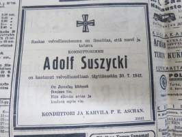 Turun Sanomat 8.8.1942, Timoshenkon joukot kärsineet raskaan tappion, Von Bock tavoittelee Stalingradia, Kondiittori Adolf Suszycki kaatunut - kuolinilmoitus,