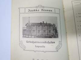 Jaakko Hissa - Urkuharmooni, kantele- ja sitrateollisuusliike Lapualla - Tuoteluettelo v. 1904 (mukana myös soitinten hjoitoa ja käyttöä koskevia ohjeita