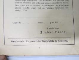 Jaakko Hissa - Urkuharmooni, kantele- ja sitrateollisuusliike Lapualla - Tuoteluettelo v. 1904 (mukana myös soitinten hjoitoa ja käyttöä koskevia ohjeita