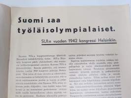 Työläisnaisten Urheilulehti 1938 nr 6, Kansikuva Olympiastadion vihitty, Työläisolympialaiset 1942 Suomeen, Telttaelämää, Orja-äiti (kirjoittanut kiinalainen...