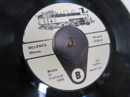 Nelonen - Forssan-Humppilan rautatie  (JFR) - Viimeinen juna Humppilaan ja takaisin 29.3.1974 - höyryveturi  "Nelonen" Ateliers de Tubize, Belgia 1947 -single-levy