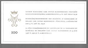 Kutsu Suomen Marsalkka Mannerheimin  100 - vuotismuistojuhla  1967 Messuhallissa