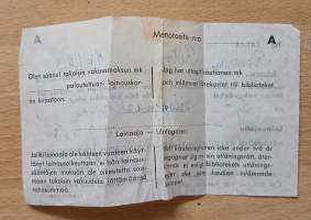 Kuitti Helsingin kaupunginkirjaston lainavakuudesta vuodelta 1963