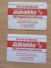 Kaksi suomalaista Williams-sarjan jääkiekkokeräilykorttia kaudelta 1971–1972