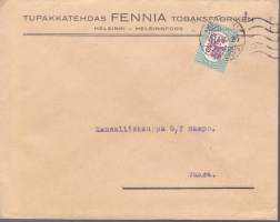 Filatelia - Firmakuori - Tupakkatehdas Fennia Tobaksfabriken Helsinki. Leima: Helsinki 10.4.1929. Saapumisleima Waasa 11.4.