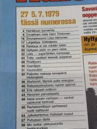 Me Naiset 1979 nr 27, Harri Tirkkonen, Katariina Metsovaara ja Hannu Heikinheimo häät, Leila Seppänen - supertähtien kampaaja, Sirkka ja Aarno Stormbom