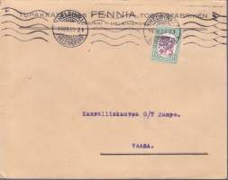 Filatelia - Firmakuori - Tupakkatehdas Fennia Tobaksfabriken Helsinki. Leima: Helsinki 14.8.1929. Saapumisleima Waasa 15.8.