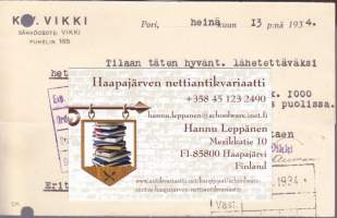 Filatelia - Firmakortti - K.V. Wikki, Pori. Leima: Pori 2.7.1934.