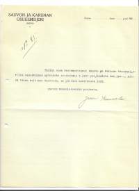Sauvon-Karunan Osuusmeijeri  Sauvo 1928 - firmalomake