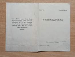 Henkilöllisyystodistus vuodelta 1940