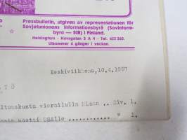 Uutisia Neuvostoliitosta 10.4.1957 Nyheter från Sovieunionen -Neuvostoliiton tiedotustoimiston sanomalehtikatsaus