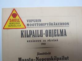 Viipurin Moottoripyöräkerhon Kilapilu-ohjelma 24.6.1932 &amp; Jännittävät Maastonopeuskilpailut Moottoripyörillä Havin valleilla 26.6.1932 -käsiohjelma