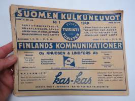 Suomen Kulkuneuvot - Finlands kommunikationer 1949 nr 1 rautatieaikataulut, höyrylaivojen, linja-autojen ja lentoliikenteen kulkuvuoroja