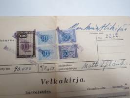 Velkakirja Ruokolahden Osuuskassalta -1950 - Markus Hikipää - Puimakoneen ja kotitarvemyllyn ostoon