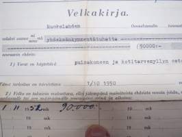 Velkakirja Ruokolahden Osuuskassalta -1950 - Markus Hikipää - Puimakoneen ja kotitarvemyllyn ostoon