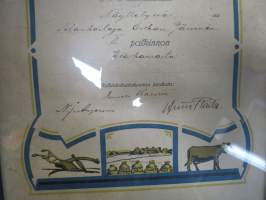 Naantalin Maamiesseura - II Palkinto Esa-kaurasta v. 1926  (Kultarannan) tilanhoitaja Oskari Järviselle -kehystetty kunniakirja, allekirjoitus Einari Karvetti...