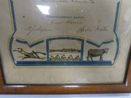 Naantalin Maamiesseura - III Palkinto Kultasade kaurasta v. 1926  (Kultarannan) tilanhoitaja Oskari Järviselle -kehystetty kunniakirja, allekirjoitus Einari Karvetti