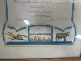 Naantalin Maamiesseura I Palkinto Maanviljelyskoneiston -Kaluston ja valjasten hoidosta v. 1927 (Kultarannan) tilanhoitaja Oskari Järviselle -kehystetty kunniakirja