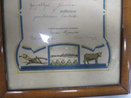 Naantalin Maamiesseura - III Palkinto juurikasvien hoidosta v. 1926  (Kultarannan) tilanhoitaja Oskari Järviselle -kehystetty kunniakirja, allekirj. Einari Karvetti