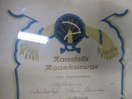 Naantalin Maamiesseura - II Palkinto Ruotsalaisesta lantusta v. 1926  (Kultarannan) tilanhoitaja Oskari Järviselle -kehystetty kunniakirja, allekirj. Einari Karvetti
