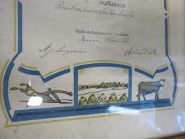 Naantalin Maamiesseura - II Palkinto Ruotsalaisesta lantusta v. 1926  (Kultarannan) tilanhoitaja Oskari Järviselle -kehystetty kunniakirja, allekirj. Einari Karvetti