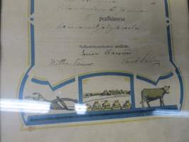 Naantalin Maamiesseura - II Palkinto Perunanviljelyksestä v. 1926  (Kultarannan) tilanhoitaja Oskari Järviselle -kehystetty kunniakirja, allekirj. Einari Karvetti