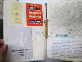 Kaukomaille 1958 -yksityishenkilön kokoama kansio kaikenlaisista matkaan liittyvistä painatteista, karkkipapereista, tuopinalusista, valokuvista yms. -tyypillistä