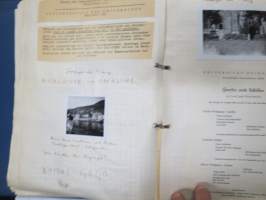 Kaukomaille 1958 -yksityishenkilön kokoama kansio kaikenlaisista matkaan liittyvistä painatteista, karkkipapereista, tuopinalusista, valokuvista yms. -tyypillistä