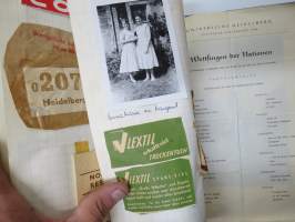 Kaukomaille 1958 -yksityishenkilön kokoama kansio kaikenlaisista matkaan liittyvistä painatteista, karkkipapereista, tuopinalusista, valokuvista yms. -tyypillistä