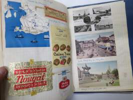 Kaukomaille 1958 -yksityishenkilön kokoama kansio kaikenlaisista matkaan liittyvistä painatteista, karkkipapereista, tuopinalusista, valokuvista yms. -tyypillistä