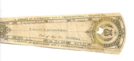 Universitets Apoteket Helsingfors 1932  resepti signatuuri