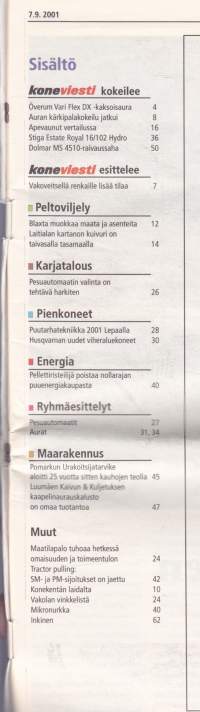 Koneviesti 2001 N:o 15 (7.9.) - Överum Vari Flex DX ja Blaxta -aurat, Apevaunut vertailussa, Stiga Estate Royal, Dolmar MS 451 raivaussaha, pesuautomaatit