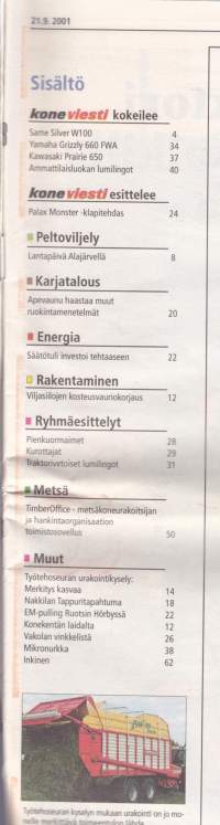 Koneviesti 2001 N:o 16 (21.9.) - Palax Monster, Same Silver W 100, 8 ammattilaislumilinkoa testissä, mahtimönkkärit esittelyssä