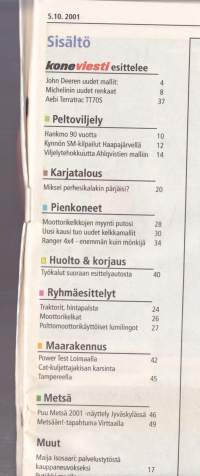 Koneviesti 2001 N:o 17 (5.10.) - John Deeren uusi tuotepaletti, Nelitahti moottorikelkat rynnivät markkijoille, Aebi Terratec TT 70 S - traktori ei kaadu