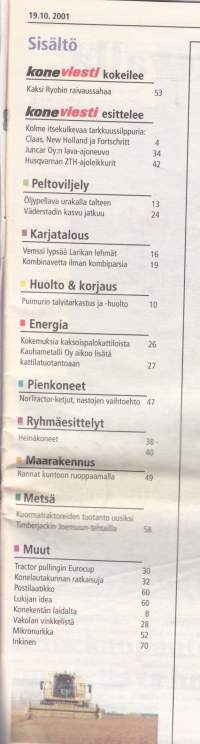 Koneviesti 2001 N:o 18 (19.10.) - Puimurin talvitarkistus, Husqvarna ZTH-leikkurit, käytetty itsekulkeva tarkkussilppuri, Ryobin 2 raivaussahaa