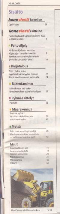 Koneviesti 2001 N:o 21 (30.11.) - Sampo Rosenlew 3000 ja Claas Medion. Bobcat T190 ei kaadu helposti. DeWulf porkkanannostajat
