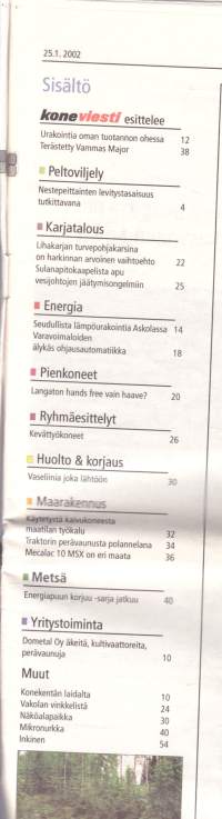 Koneviesti 2002 N:o 2 (25.1.) - Leviääkö peittausneste tasaisesti? Mecalac 10 MSX kaivukone. Ryhmäesittelyssä kevättyökoneet.
