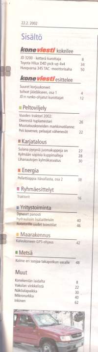 Koneviesti 2002 N:o 4 (.22.2.) -Husqvarna 345 TAC. Suuret korjuukoneet ovat tulleet jäädäkseen. Kaivukone vaaitsijana. Ryhmäesittely: traktorit