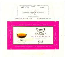 Fjord Cognac ("Schweizer Milchschokolade mit Cognac-Füllung" / "Chocolat au lait suisse fourré cognac"). suklaakääre kohopaino - tuote-etiketti