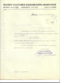 Suomen  Vaatturien Kangaskauppa Oy Viipuri  Helsinki 1938   - firmalomake