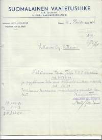 Suomalainen Vaatetusliike Antti Järveläinen  Viipuri   1938   - firmalomake